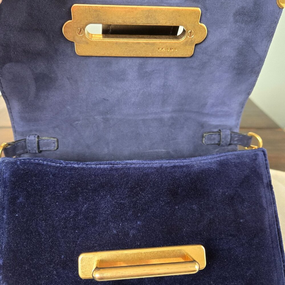 Prada Cahier Navy Blue Velvet City Calf Saffiano Leather Crystal Handbag Bag - Picture 8 of 12